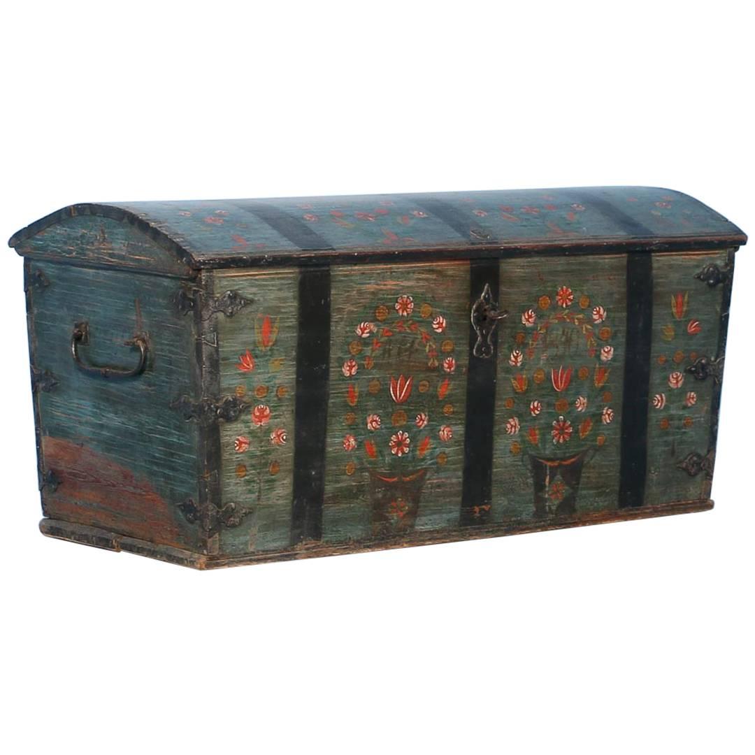 Antique Dome Top Trunk with Original Blue Paint from Sweden, Dated 1840
