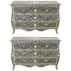 Vintage Pair of Indian Black and White Inlaid Chests of Drawers