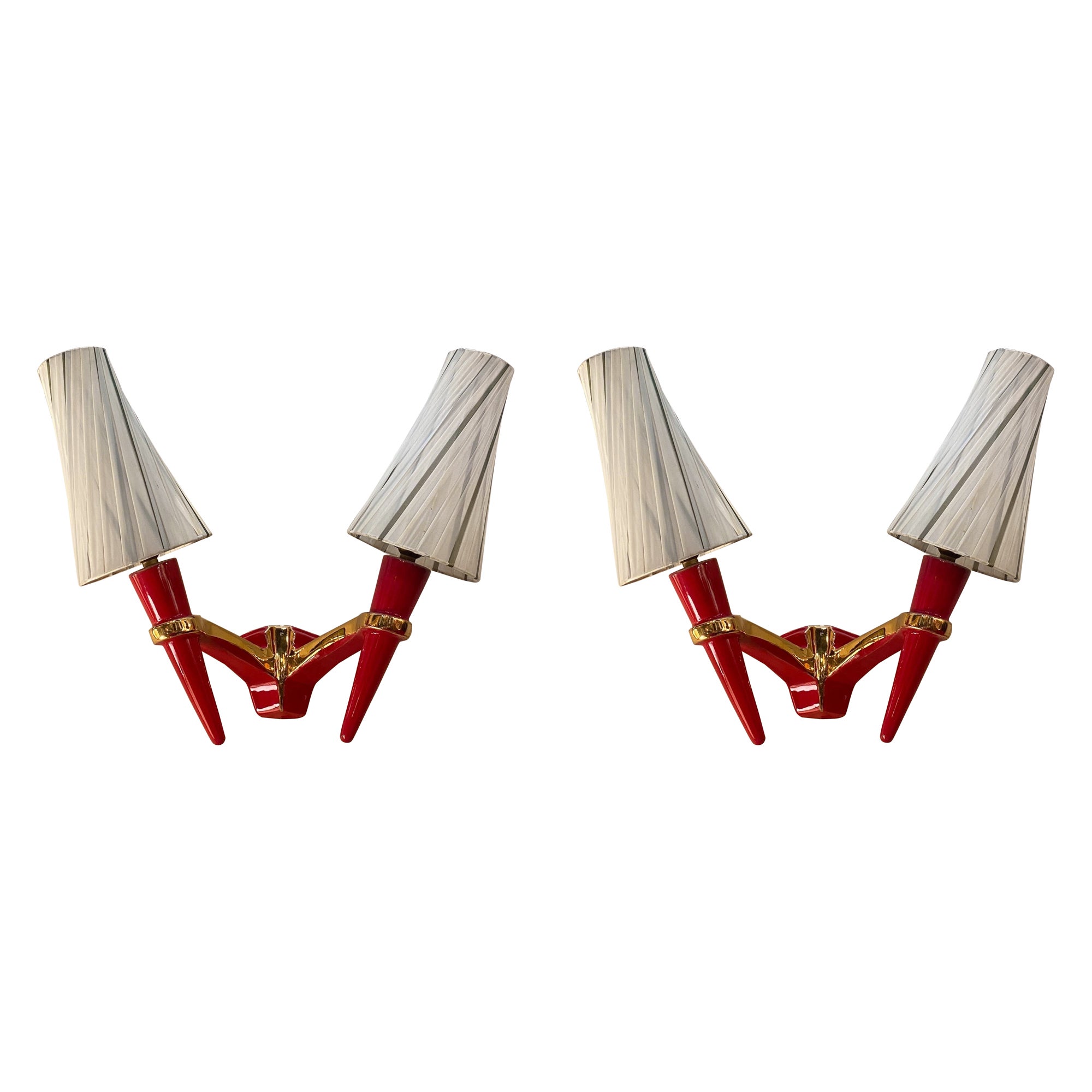 2 x Wall Lights Red Ceramic Gold Sconce Candelabra Vintage Italian Lamp