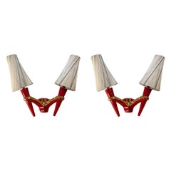 2 x Wall Lights Red Ceramic Gold Sconce Candelabra Vintage Italian Lamp