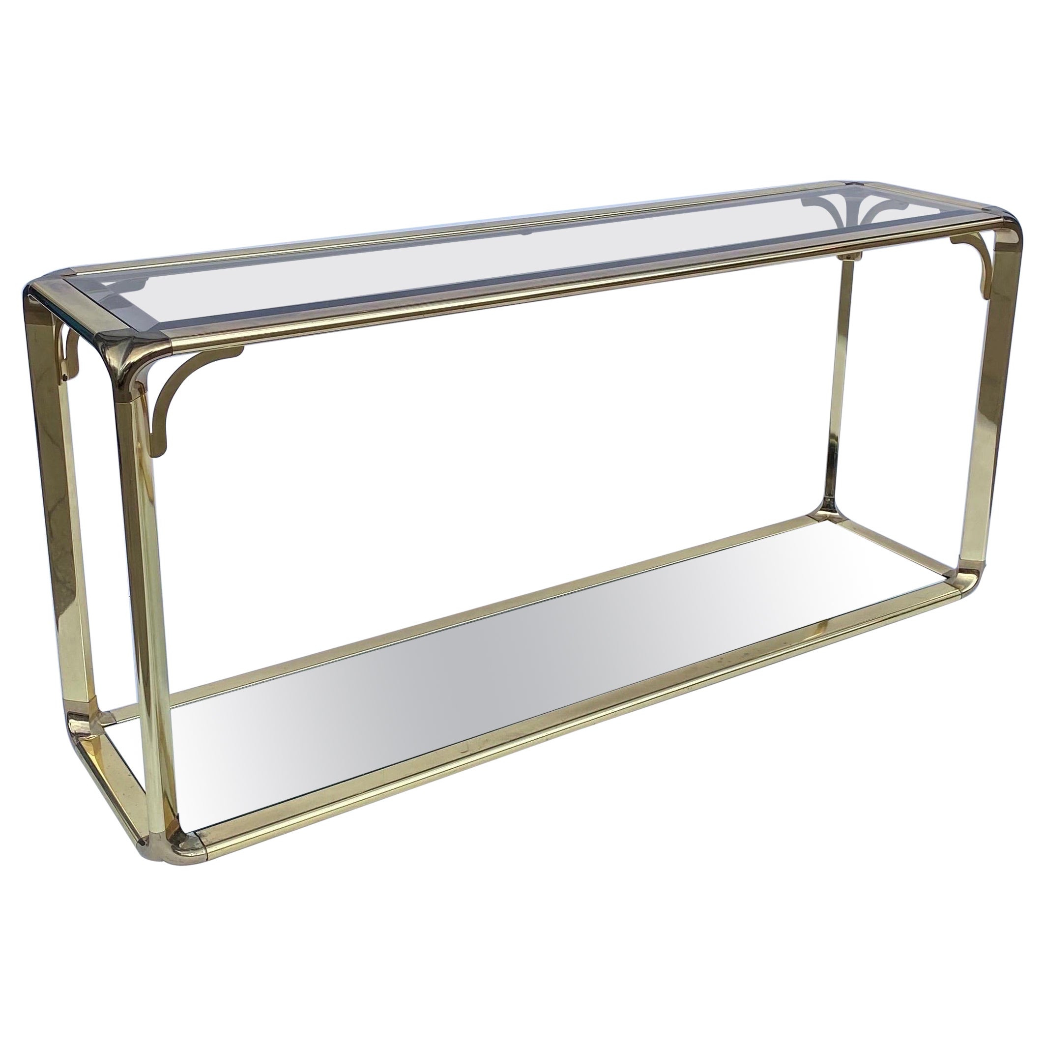 Messing niedrig Konsolentisch Media Unit Spiegel Hollywood Regency Glas 1970er Jahre Italien