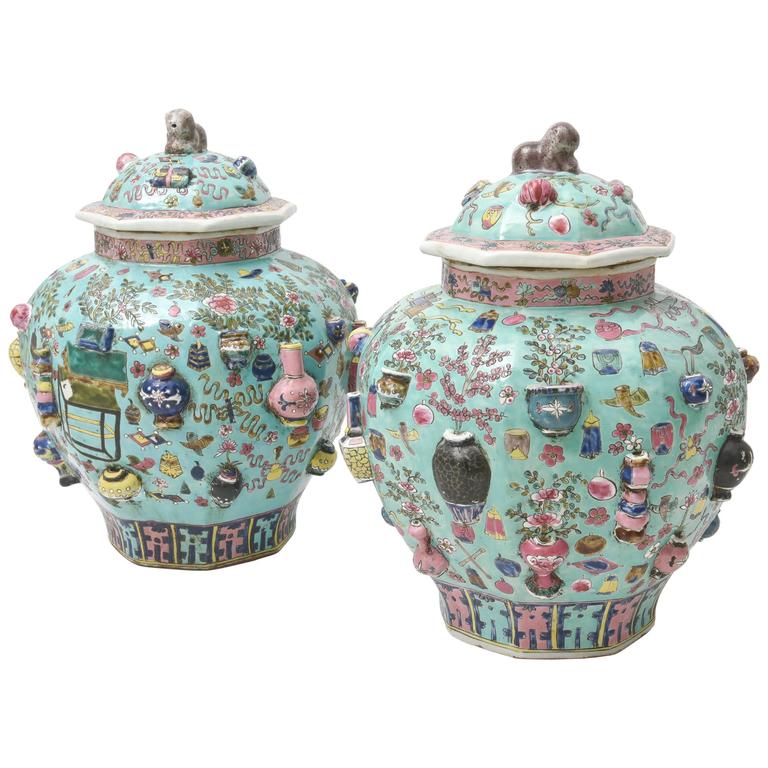 Vintage Pair of Chinese Porcelain Covered Vases at 1stDibs