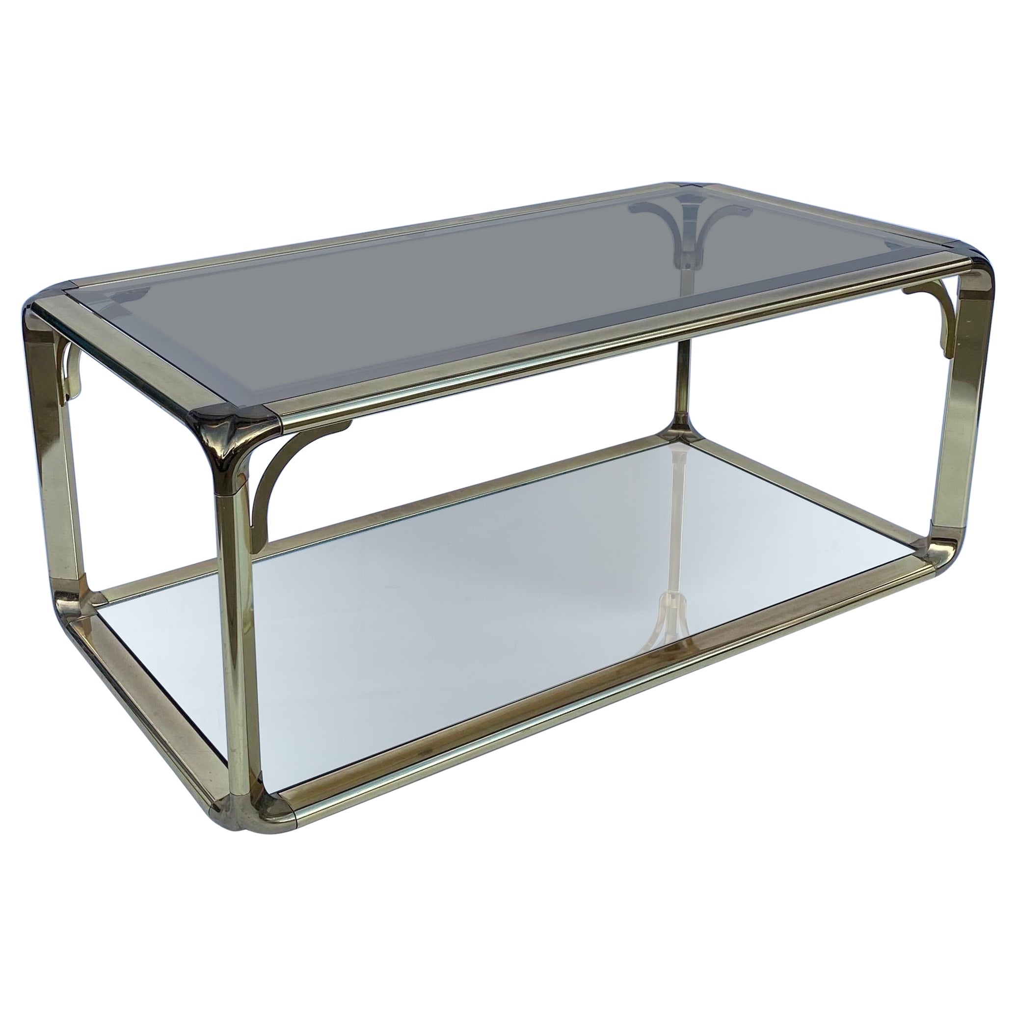 Table basse à deux niveaux avec miroir en verre Hollywood Regency, années 1970, Italie