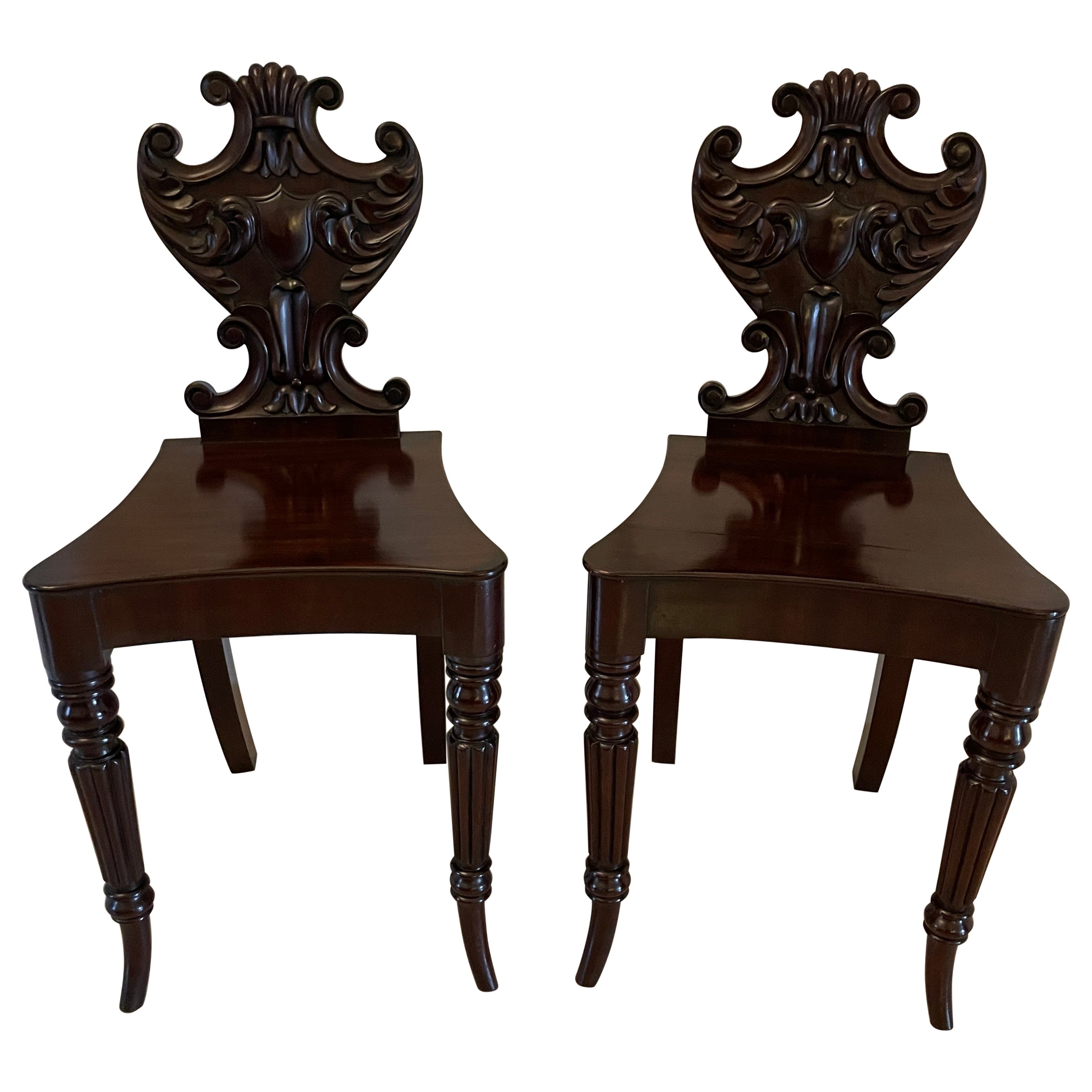 Outstanding Quality Pair of Antique Regency Carved Mahogany Hall Chairs