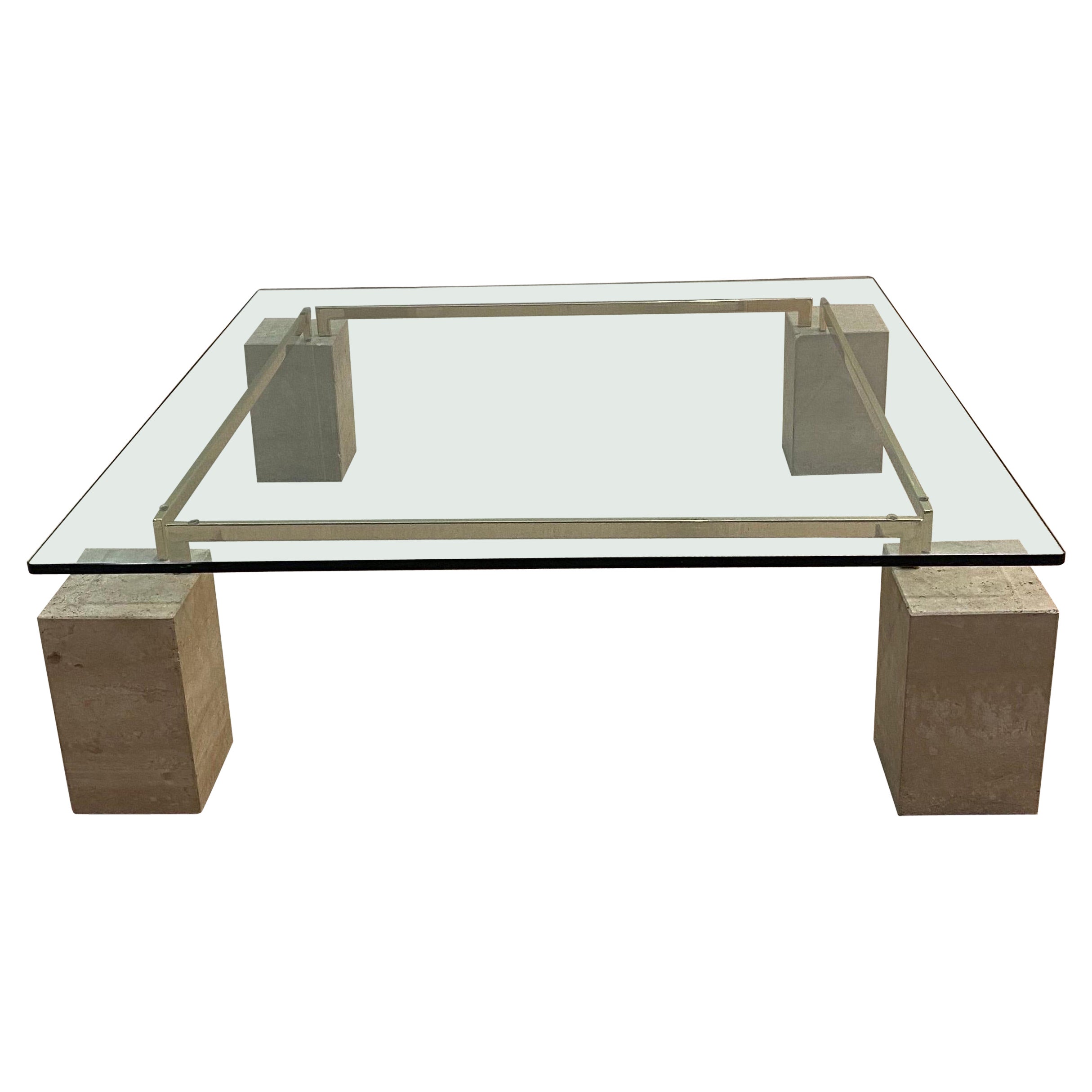Mesa de centro de Piero de Longhi Catalan Italia Vidrio travertino y latón Años 80 en venta