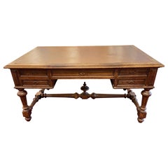Antique Large French Oak Desk with Four Drawers and Leather Top, 19th Century