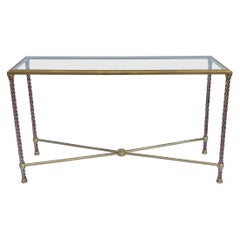 Console torsadée en laiton, acier, cuivre et verre Hollywood Regency, années 1970, italienne