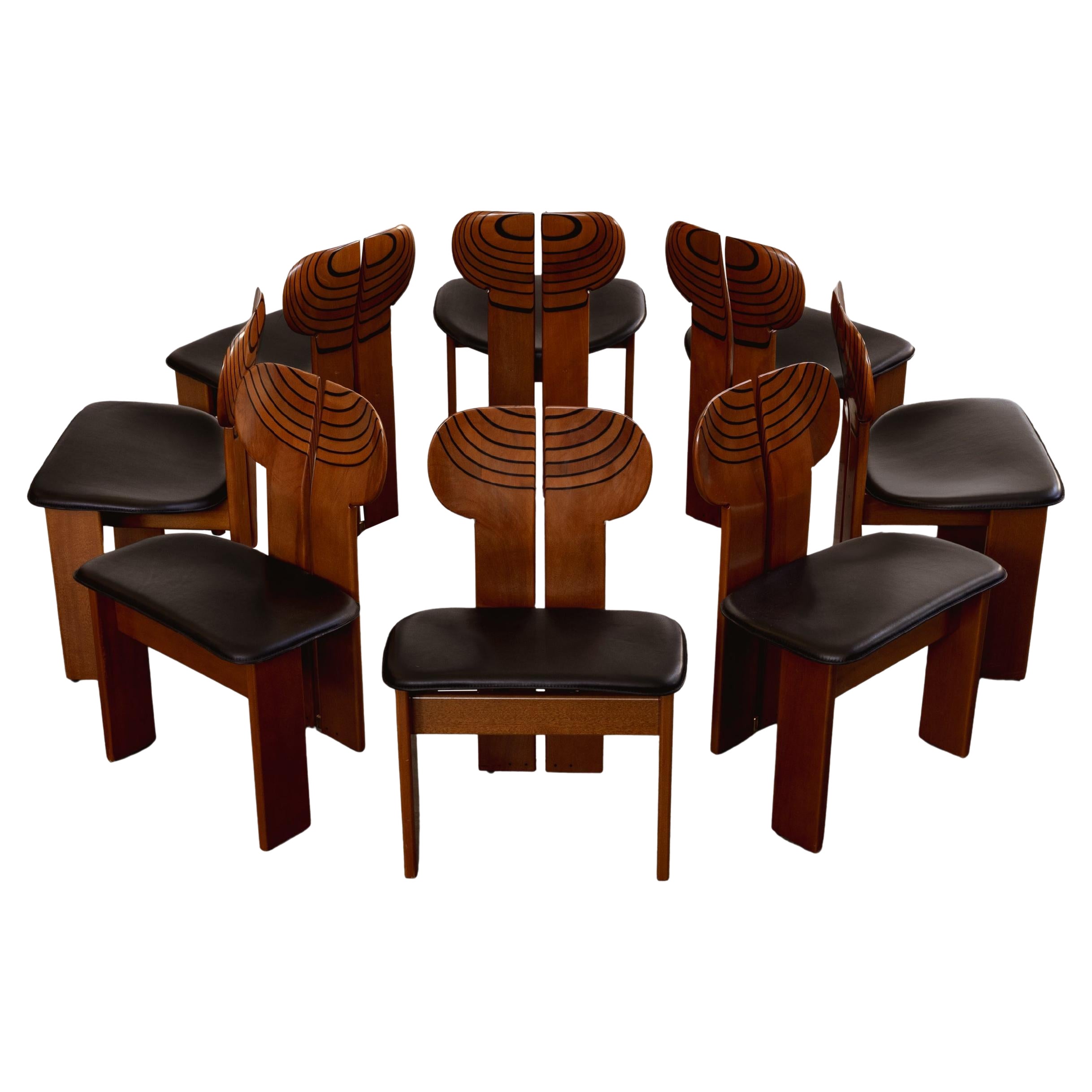 Afra & Tobia Scarpa "Africa" Chairs for Maxalto, Black Leather, 1975, Set of 8
