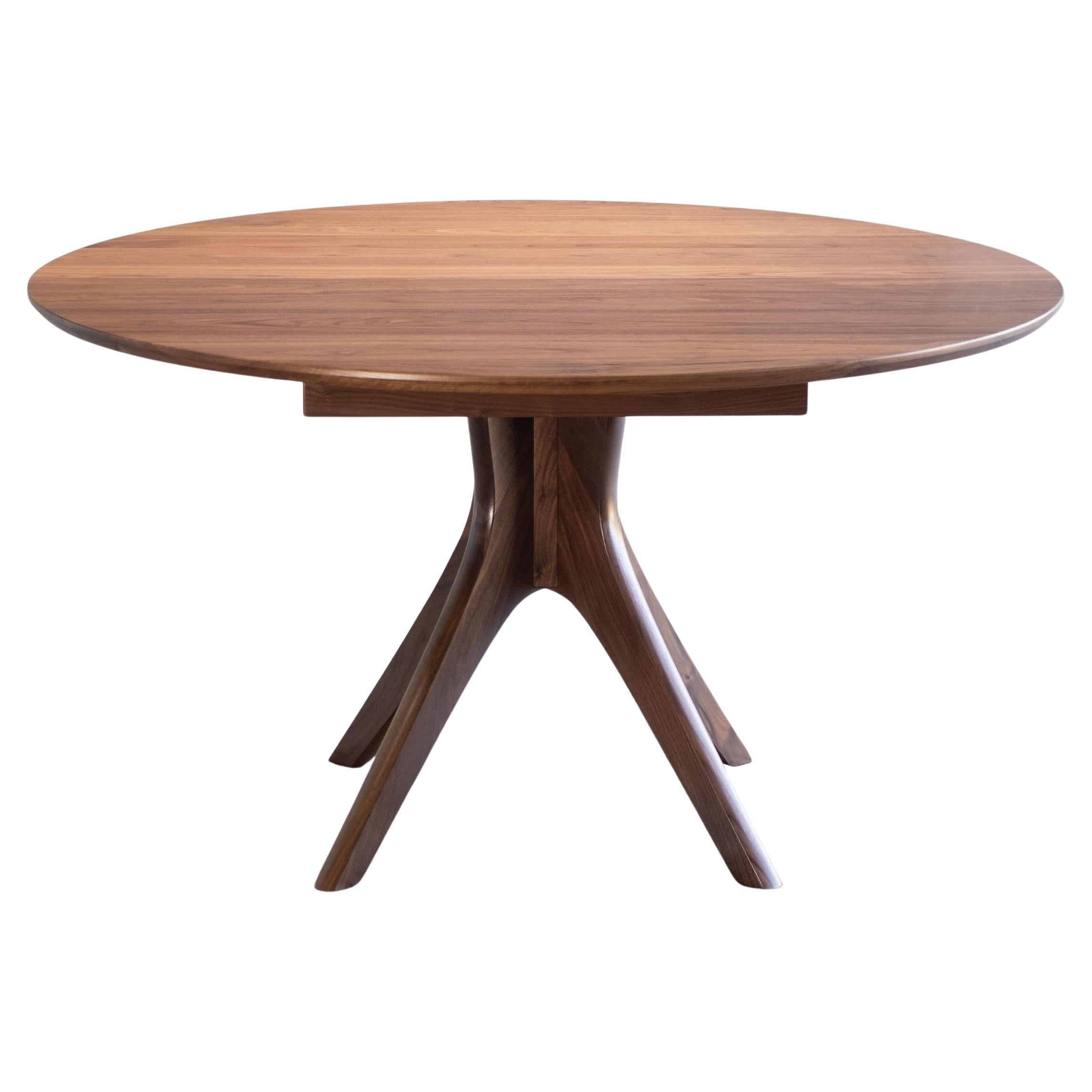 Round Extendable Pedestal Dining Table 46", With Leaf, Handmade Solid Walnut For Sale