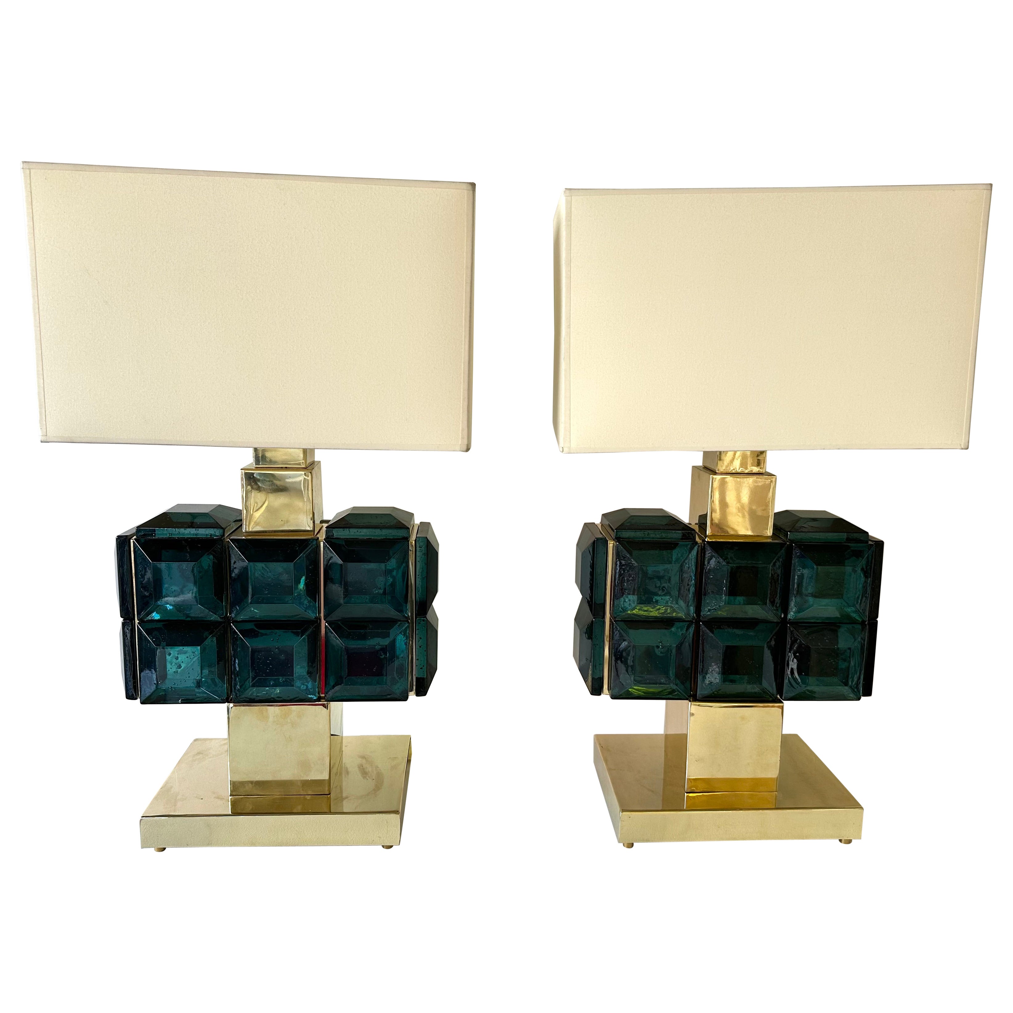 Contemporary Paar Messing und Diamanten Murano Glas Lampen, Italien