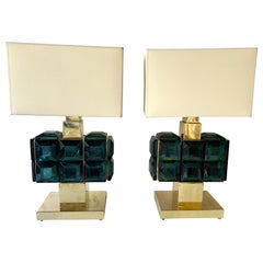 Contemporary Pair of Brass and Diamonds Murano Glass Lamps, Italy