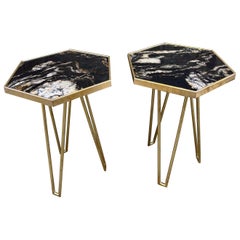 Pair of Black Marble Hexagonal Side/End Tables with Brass Structure 1980