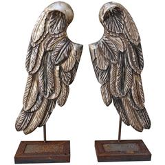 Pair of Silvered Carved Wings on Metal Bases