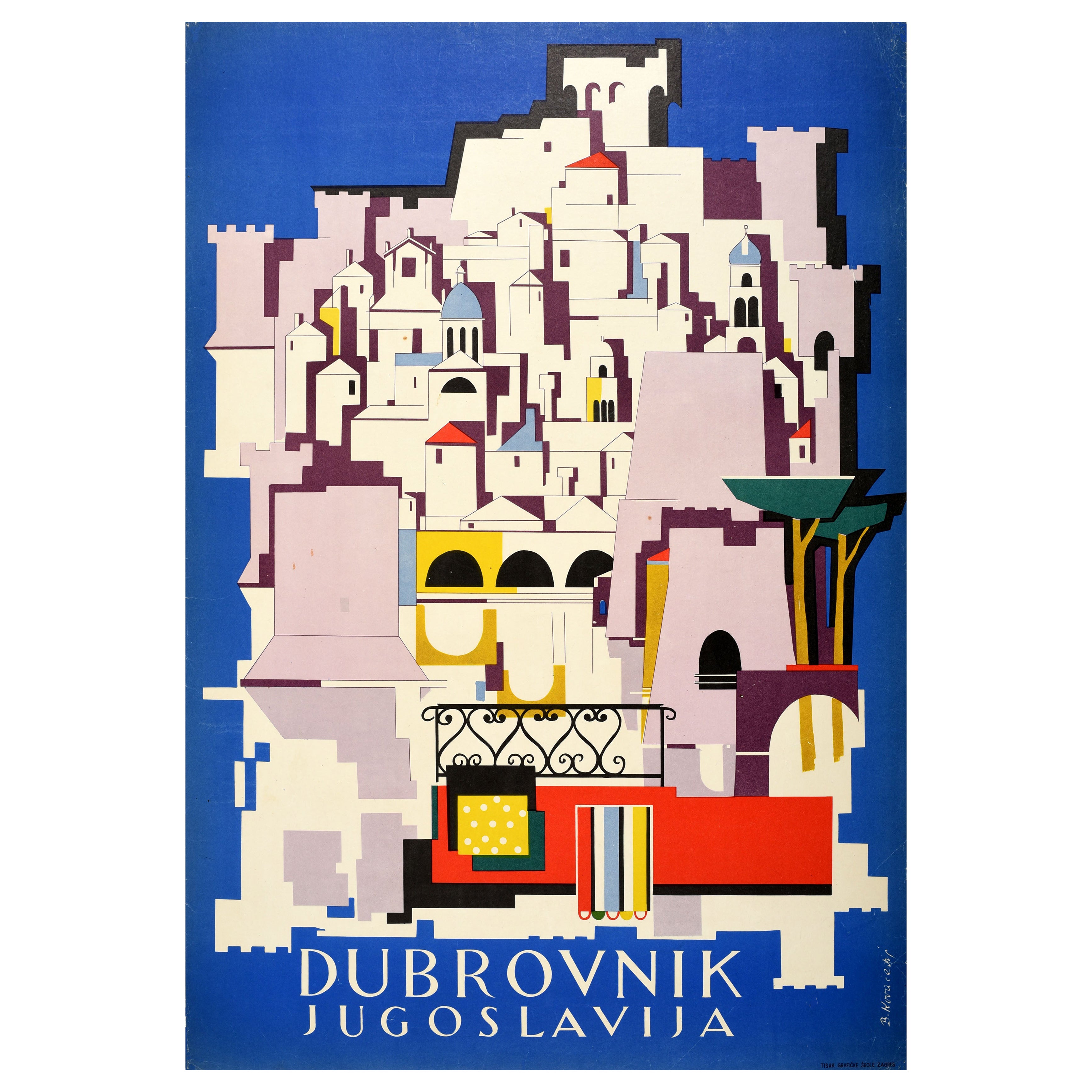 Poster di viaggio originale d'epoca Dubrovnik Yugoslavia Croazia Midcentury Modern