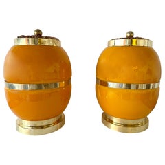 Contemporary Pair of Brass and Murano Glass Barrel Lamps, Italy