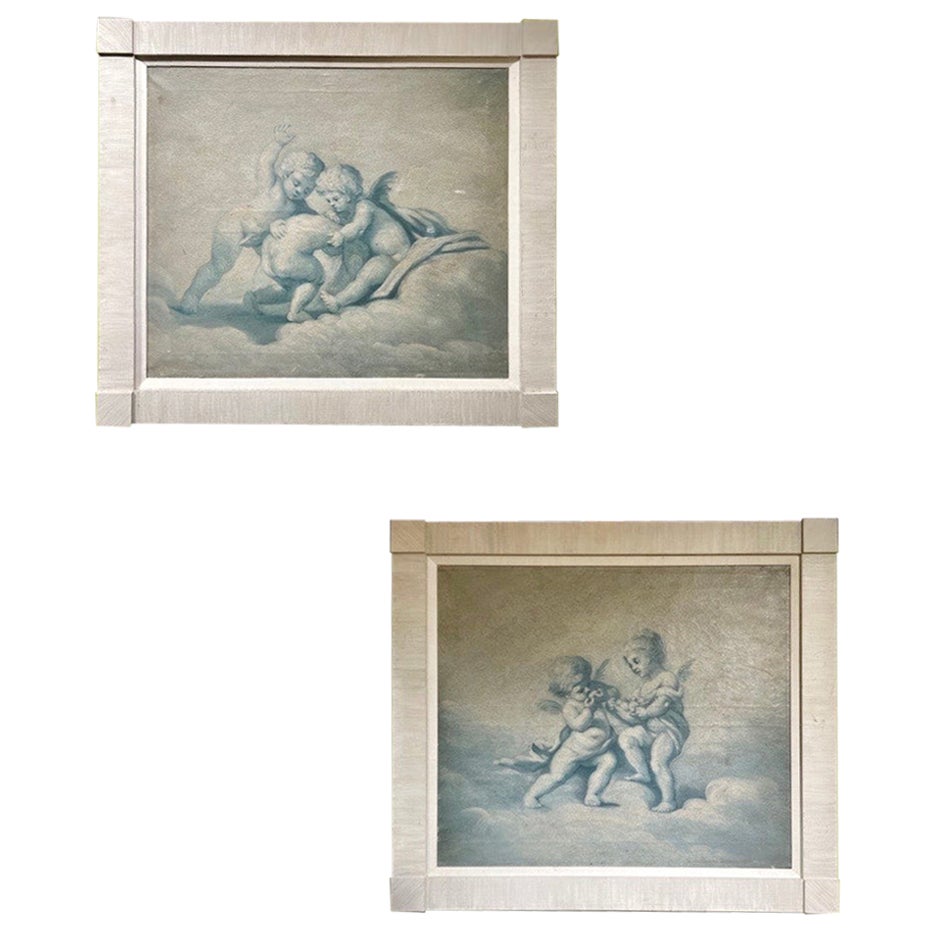 Pair, 19th Century French Putti At Play Blue & White Paintings Baroque Style For Sale