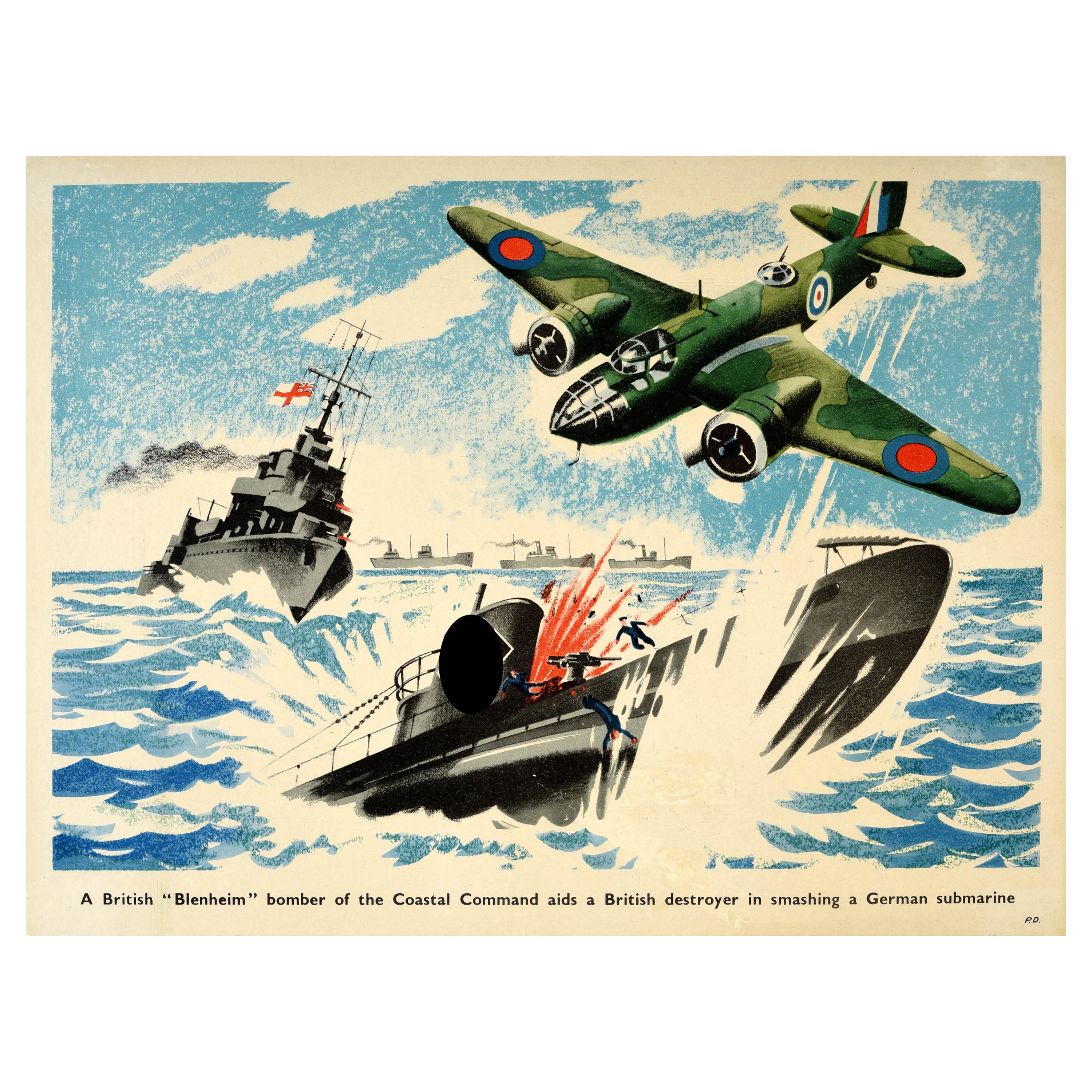 Original Vintage WWII Military Propaganda Poster Blenheim Bomber Submarine Nazi