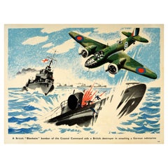 Original Vintage WWII Military Propaganda Poster Blenheim Bomber Submarine Nazi