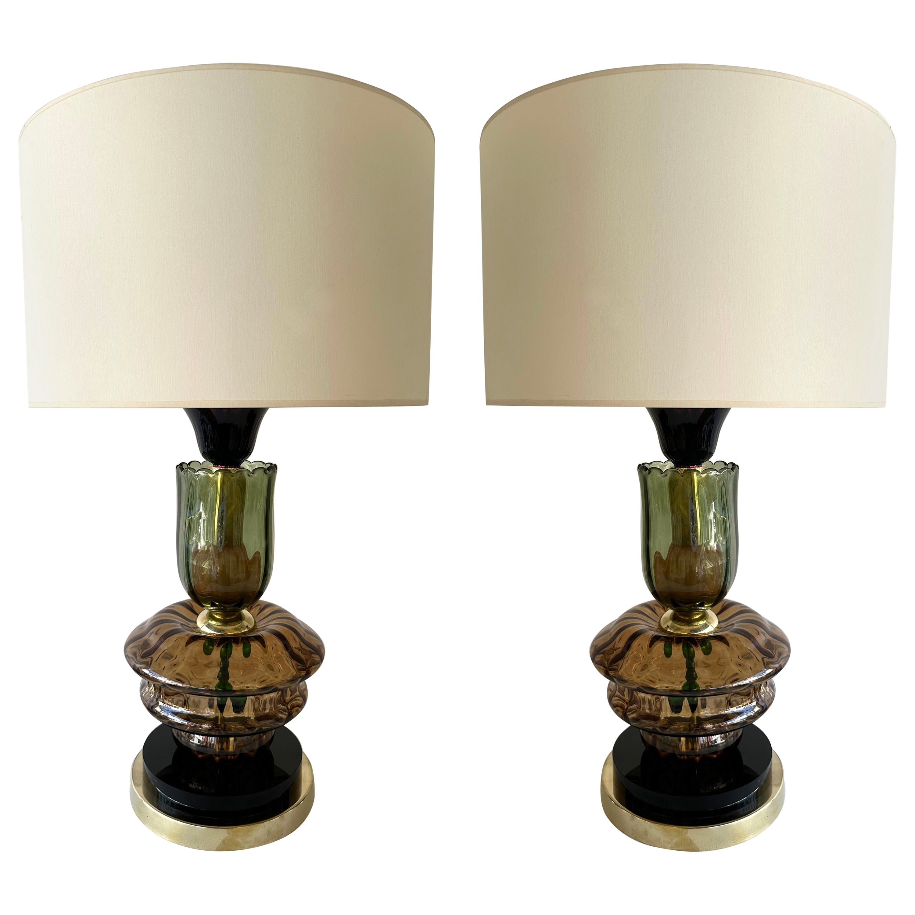 Contemporary Pair of Brass and Murano Glass Flower Lamps, Italy