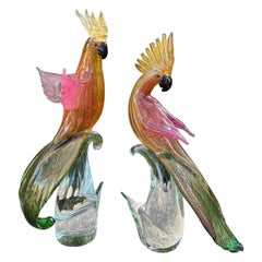 Großes Paar Murano-Glas-Sittiche oder Papageien, die Barovier & Toso zugeschrieben werden