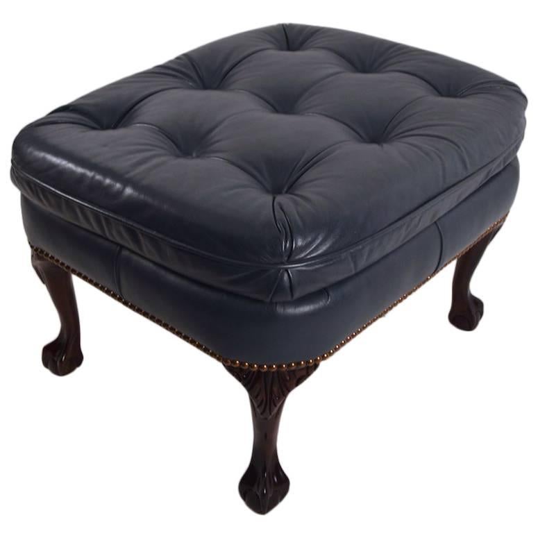 Denim Leather Ottoman Footstool with Cabriole Legs For Sale