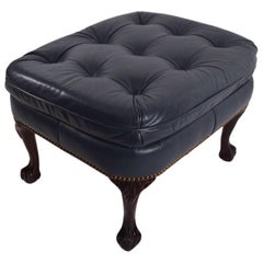 Vintage Denim Leather Ottoman Footstool with Cabriole Legs