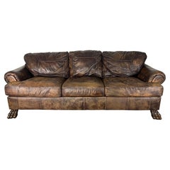 Mid-20th C. Leather Upholstered Sofa w/ Lion Paw Feet