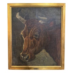 19th Century Danish Oil on Canvas Cow Painting in Gilt Frame Signed E. Braae