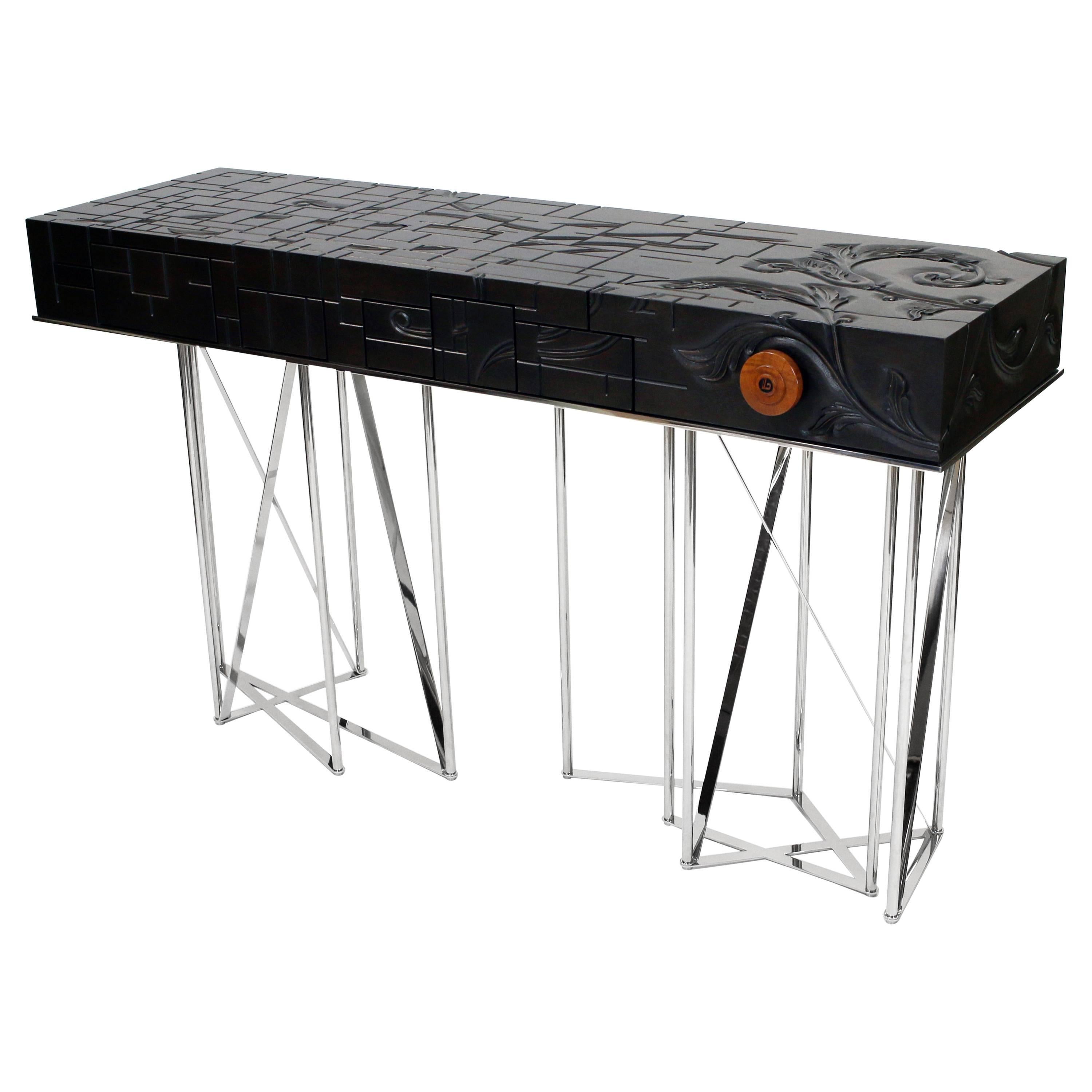 Mondrian Meets Gaudi Mahogany and Stainless Steel Console For Sale