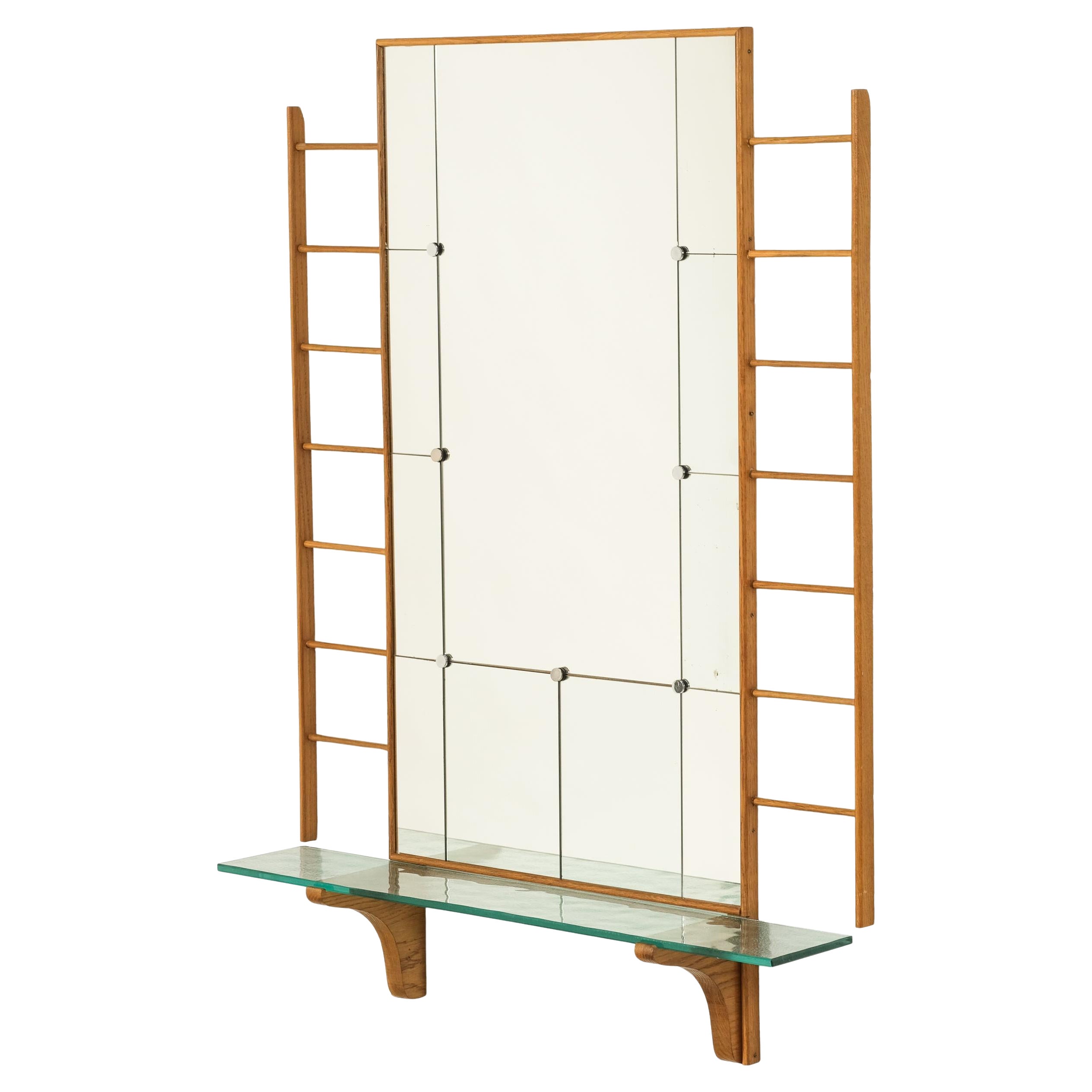 Scandinavian Mid-Century Oak Wall Mirror with Glass Shelf For Sale