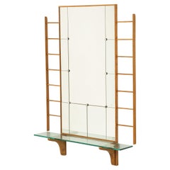 Scandinavian Mid-Century Oak Wall Mirror with Glass Shelf