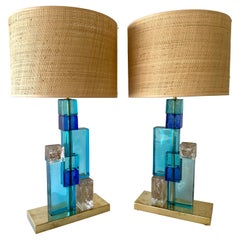 Contemporary Pair of Lamps Blue Gold Powder Cubic Murano Glass and Brass, Italy