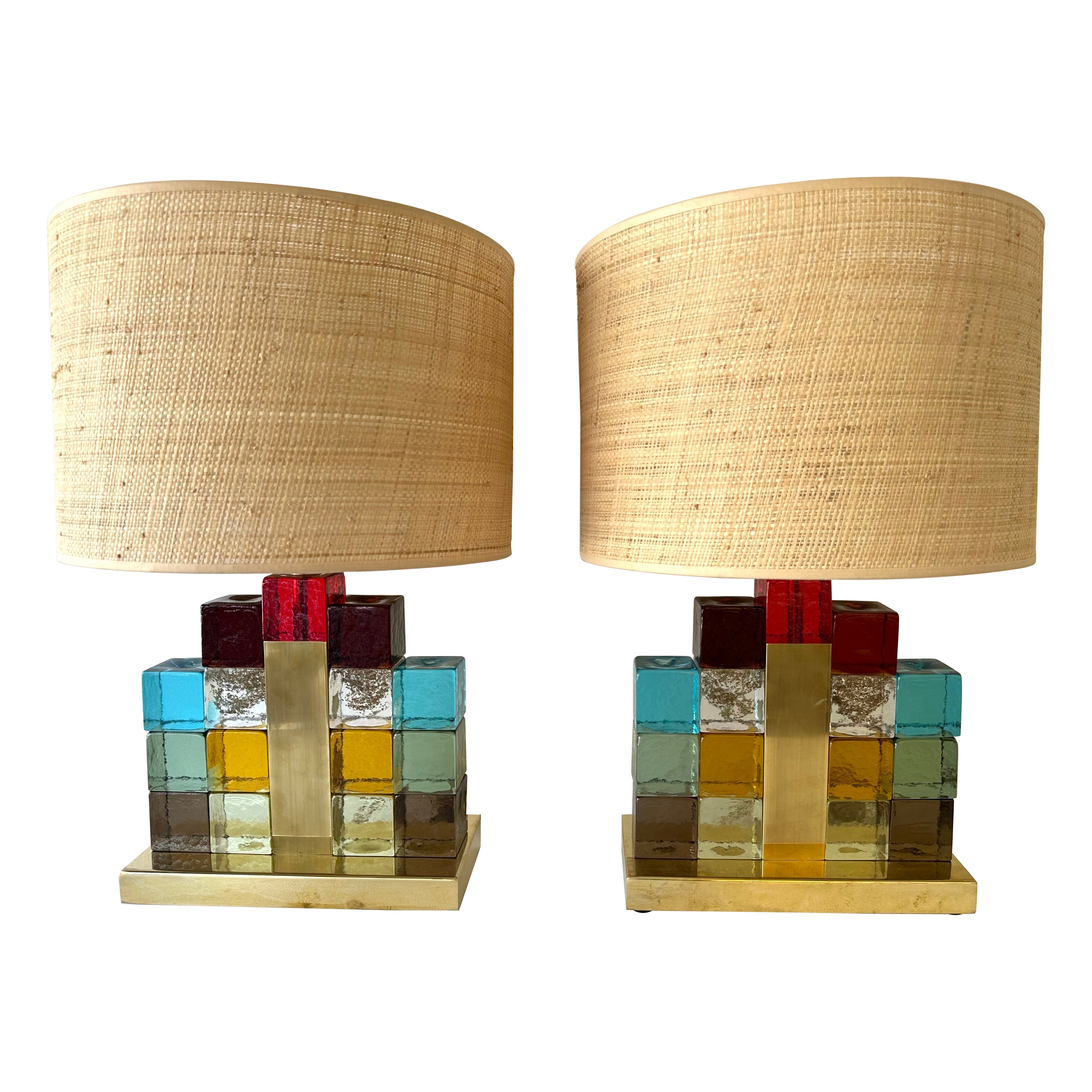 Contemporary Pair of Lamps Multicolors Cubic Murano Glass and Brass, Italy
