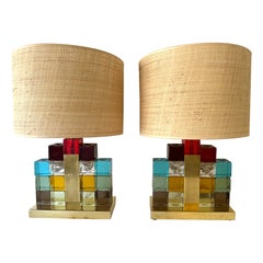 Contemporary Pair of Lamps Multicolors Cubic Murano Glass and Brass, Italy