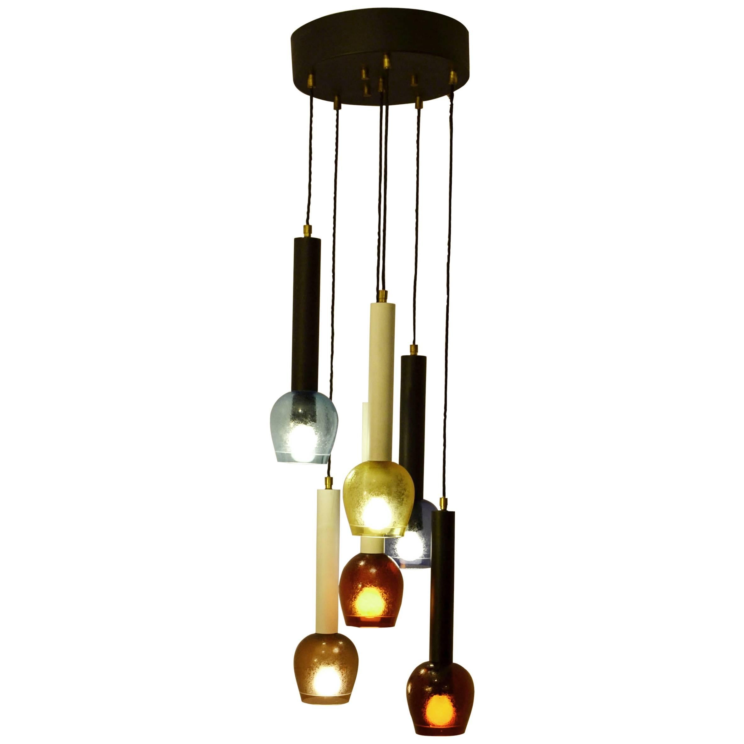 1960's Six-Tiered Italian Colored Hand Blown Glass Chandelier