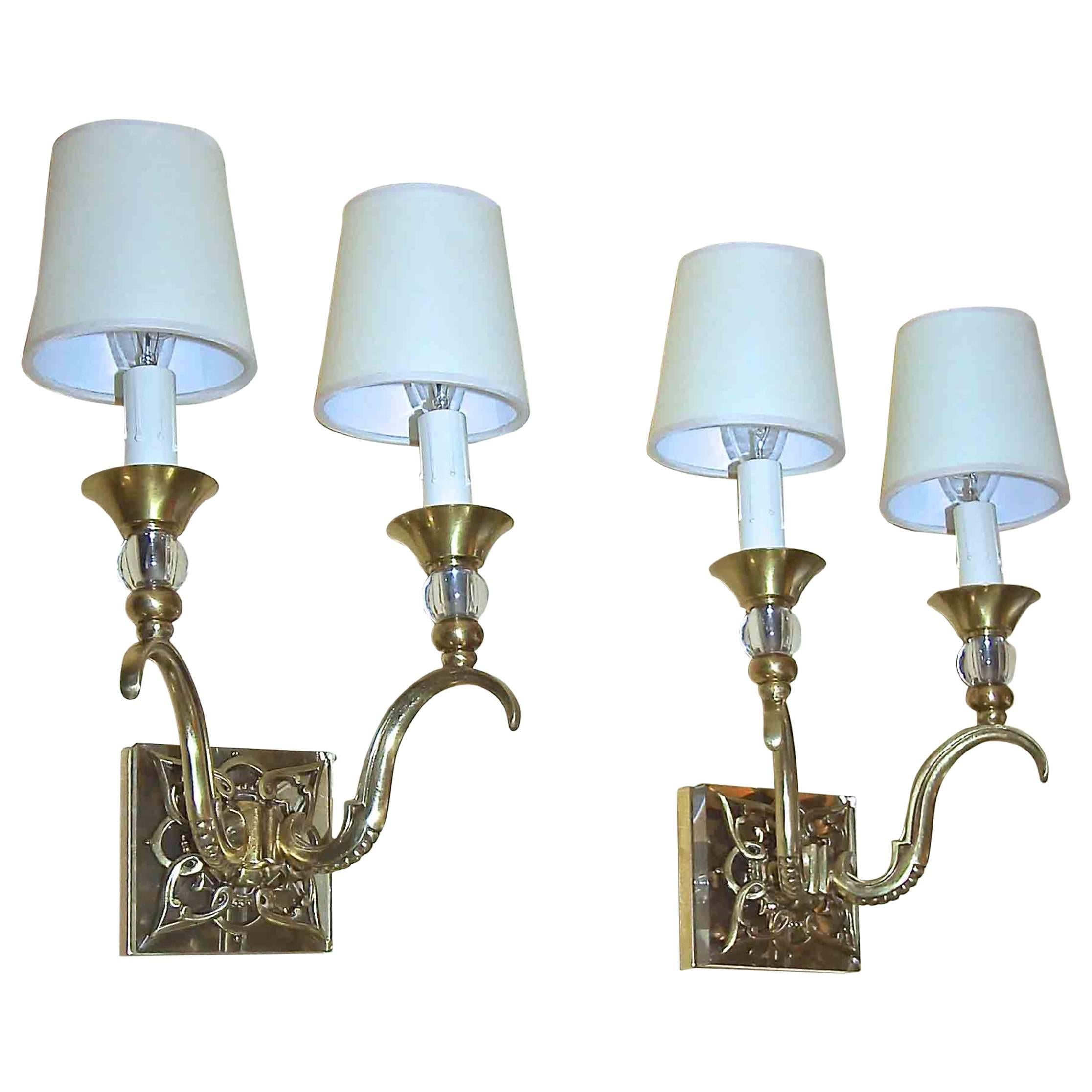 Pair of French Bronze and Crystal Jules Leleu Sconces