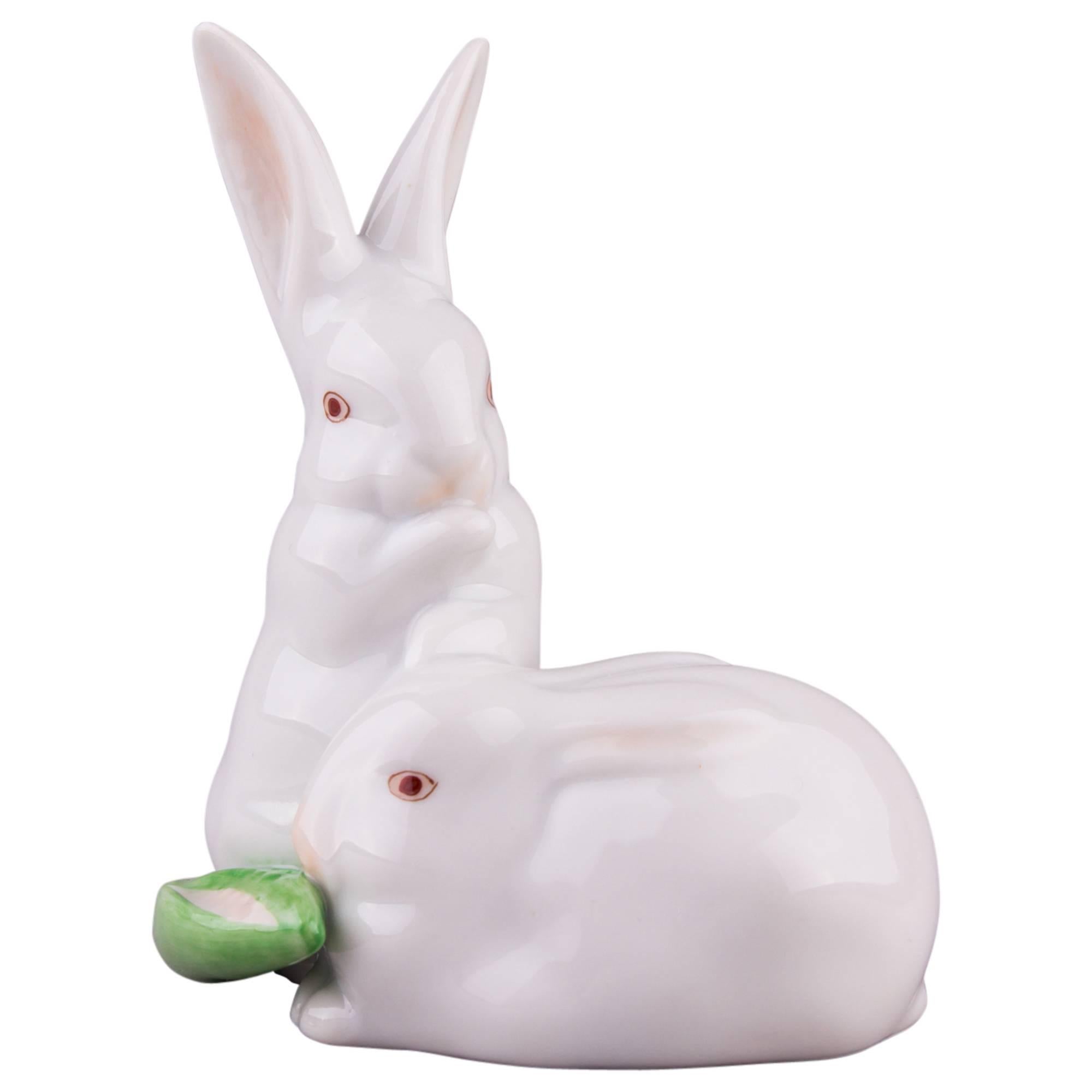 Herend Rabbit Pair with Corn Figurine
