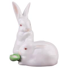 Retro Herend Rabbit Pair with Corn Figurine