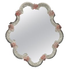 Magnifique miroir mural en verre de Murano, fleurs roses et verre transparent, Italie, années 1960