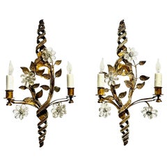 Pair of French Bagues Manner Crystal and Gilt Tole Wall Sconces