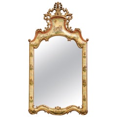 Miroir mural italien du 19ème siècle, sculpté en bois doré rococo et peint