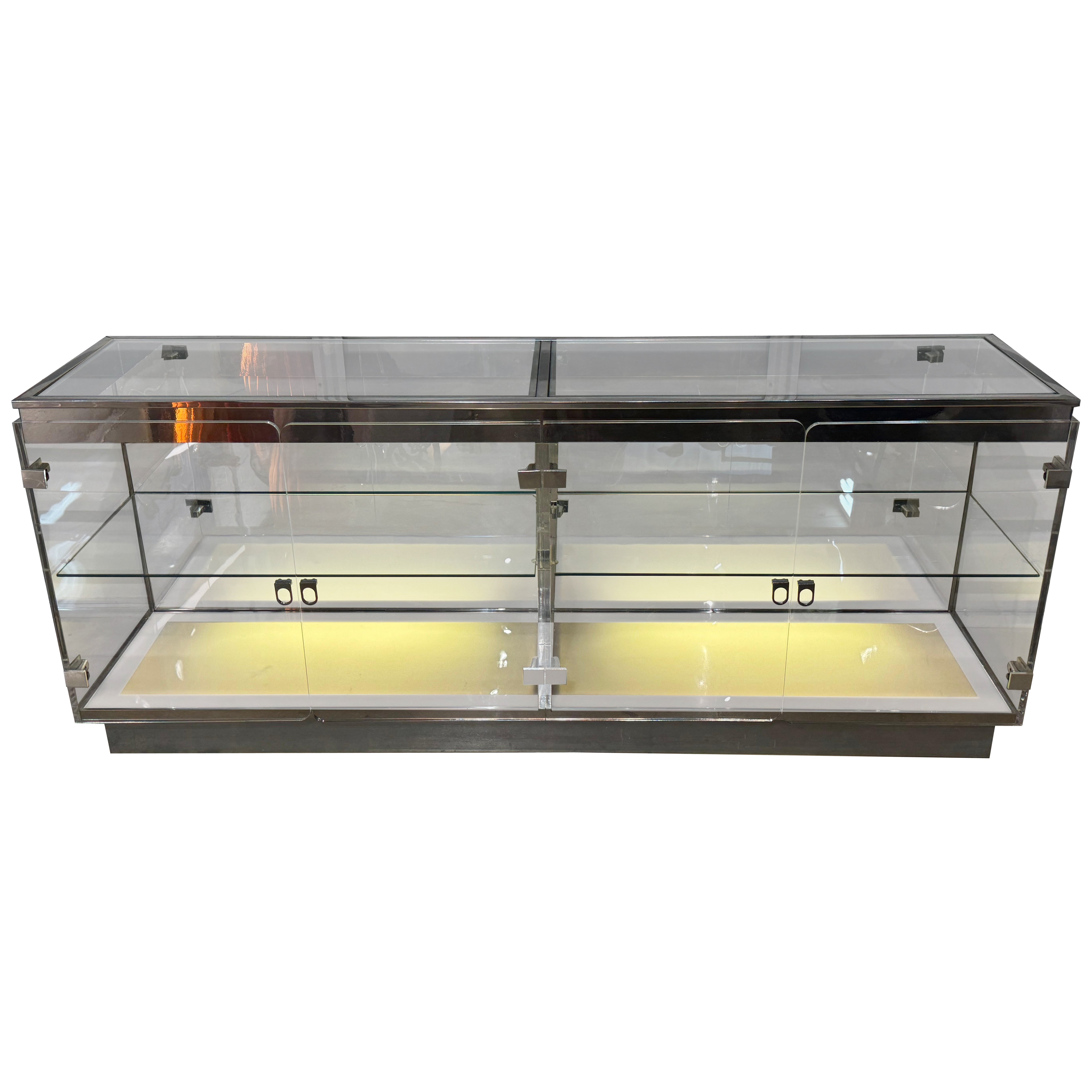 Mid-Century Acyclic and Glass Light Up Display Sideboard or Credenza With Shelve For Sale