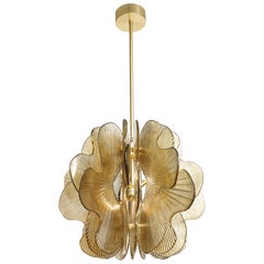Warm Gold Murano Glass Flower Scalloped Pendant Chandelier, Italy