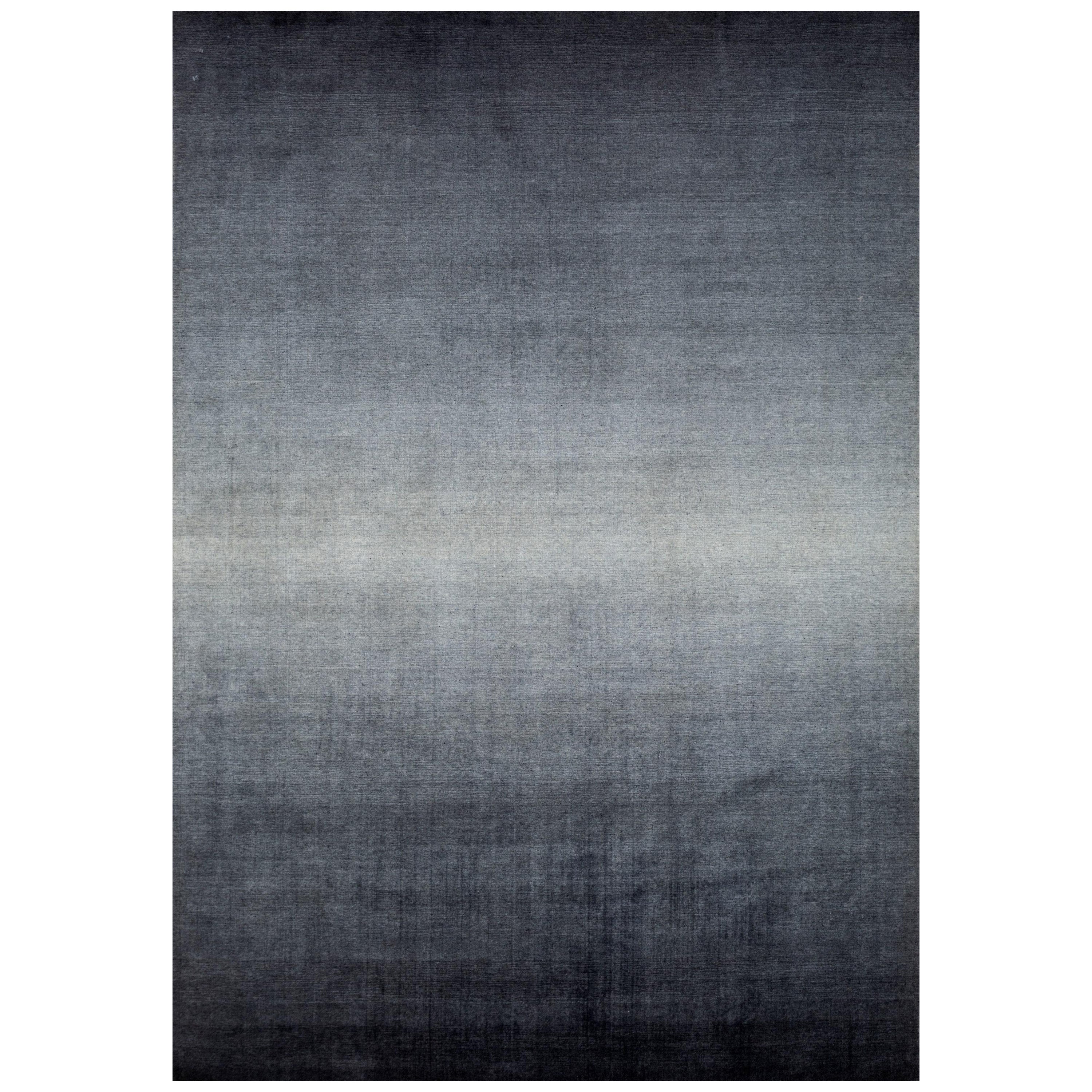 Tapis Jaipur noué à la main en ébène et ardoise anthracite, motif texturé dégradé en vente
