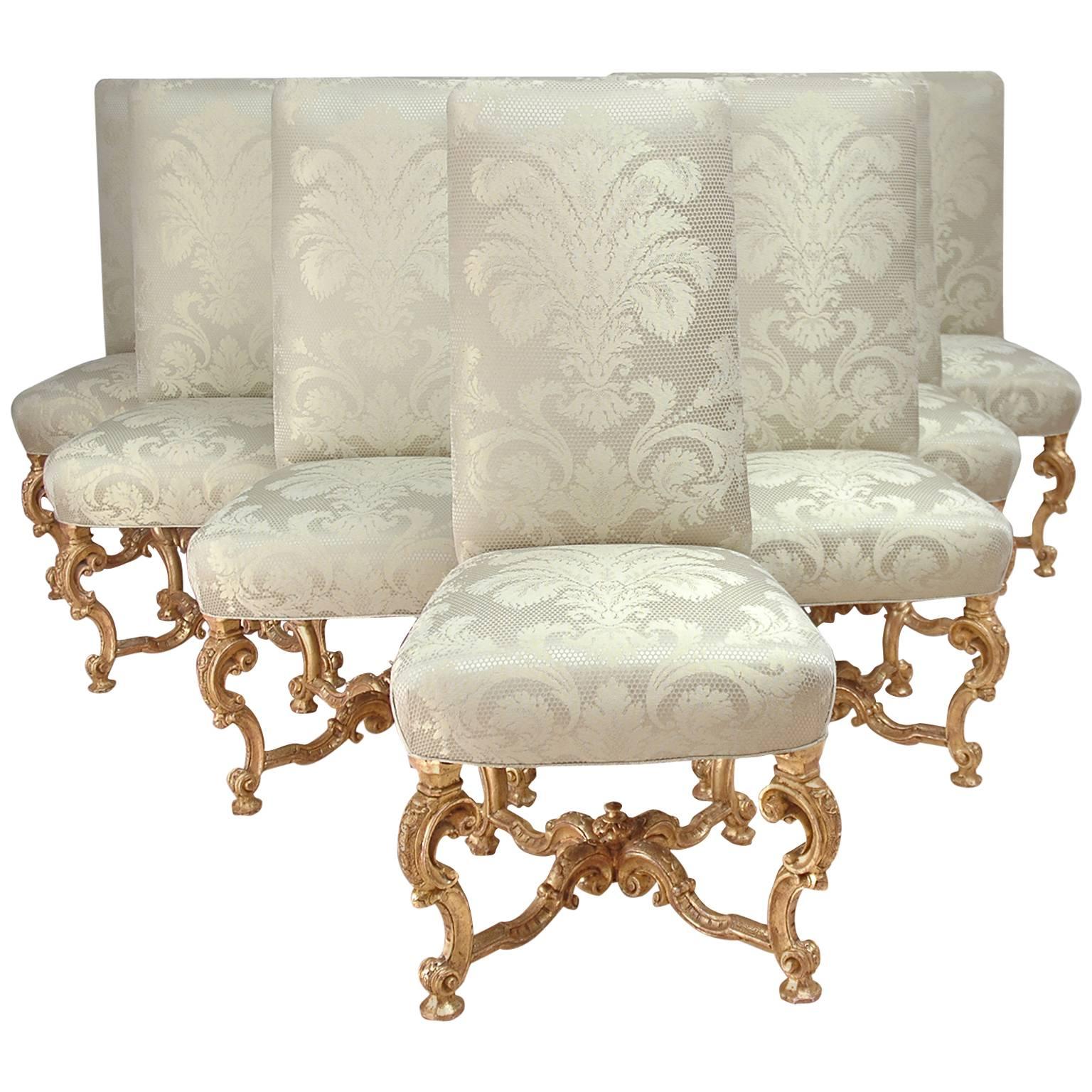 Set of Ten (10) Venetian Dining Chairs in Carved and Gilded Wood with Upholstery