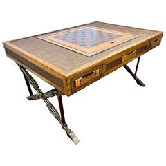 Maitland Smith Mesa de juego de campaña de cuero y ratán Coffee Cocktail Table