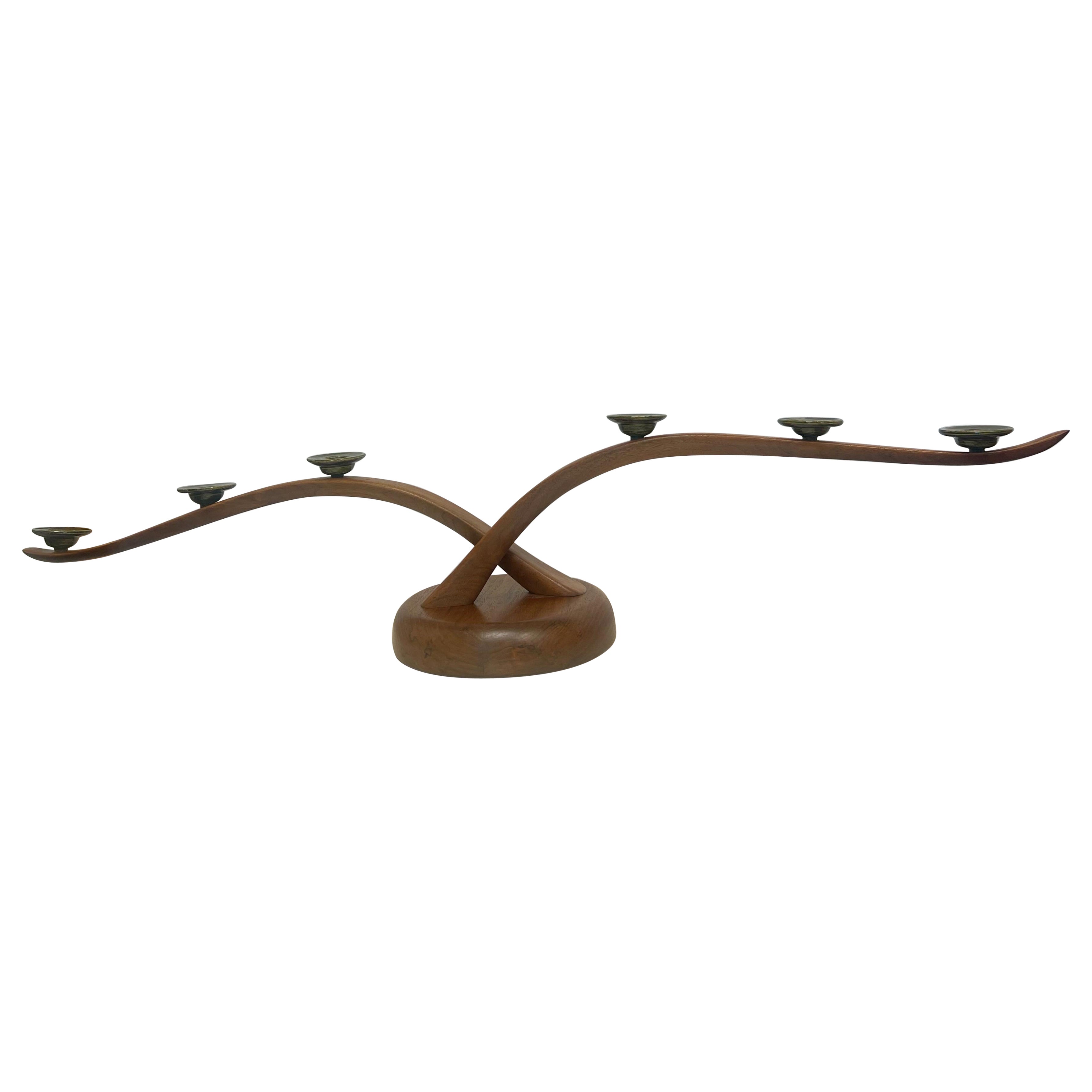 Late 20th Century Original Larry Brown Walnut and Ceramic Candlebra, Signed