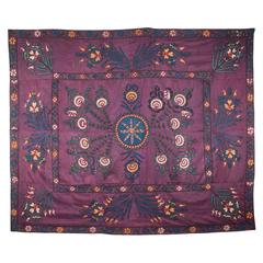 19th Century Ferghana Valley Silk Suzani, Silk Embroidery on Silk Background