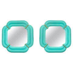 Paar quadratische Spiegel aus blauem Murano-Glas und Messing mit Wellenschliff, Italien, Tiffany