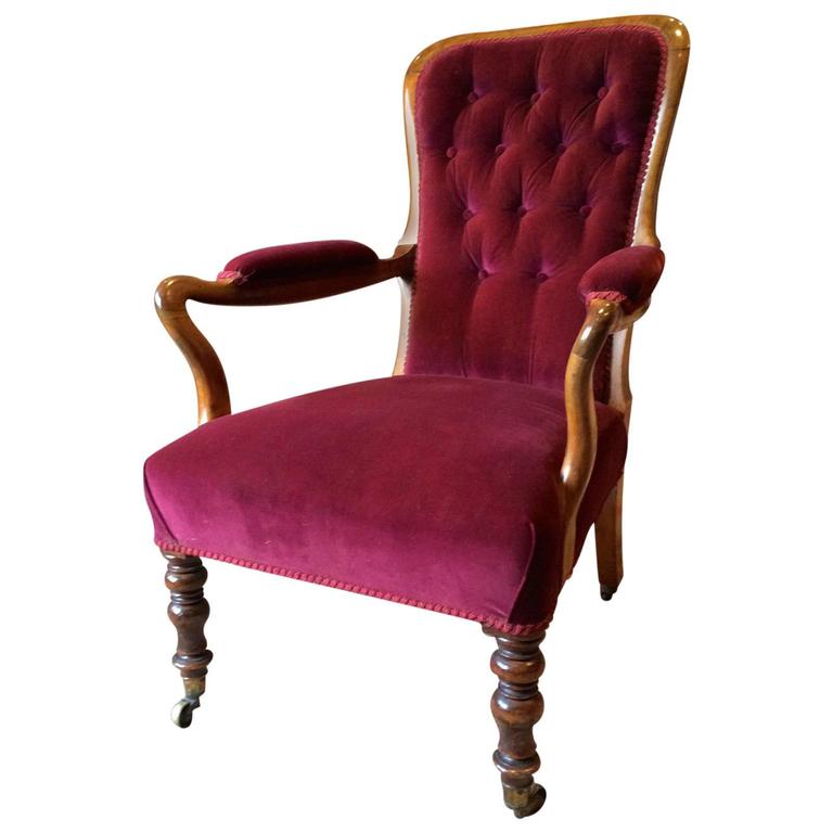Antique Victorian Armchair Button Back Mahogany 19th Century Velvet Salon Chair